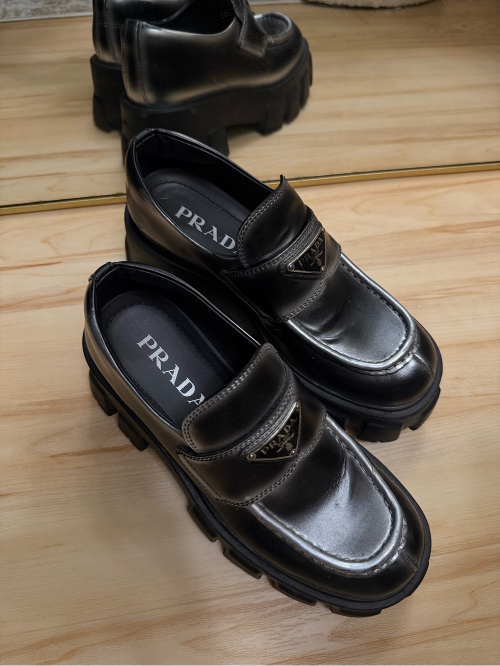 Prada Metallic Black Leather Lug-Sole Penny Loafers - Picture 4 of 8